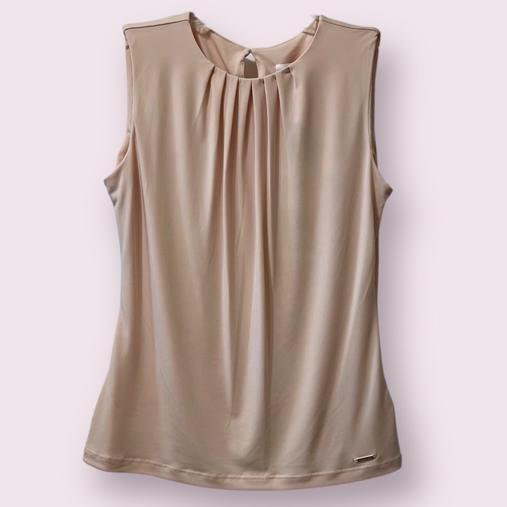 NWT Calvin Klein Sleeveless Blush Pink Pleated Tank Top Crew Neck Blouse Size XS